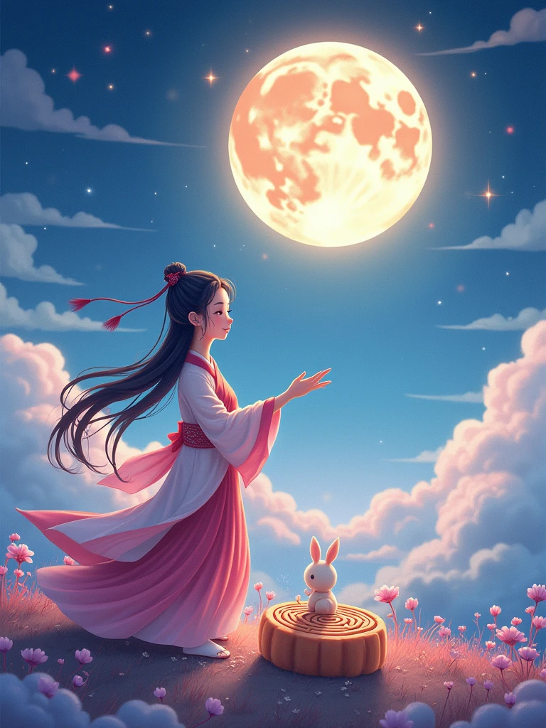 Vector illustration style,Surreal space,abstract,Mid-Autumn Festival,1 cute girl wearing Hanfu,The clothes felt soft and warm in the moonlight.,A bright moon dances gently in the background,Surrounded by the tranquil night sky and hazy clouds,还有闪闪发光的Star,Next to the girl is a huge round moon cake,Looks sweet and delicious,Next to it is a cute rabbit,Fluffy love heart,Fluffy clouds,Star,Ancient Palace,Laurel,Osmanthus fragrans,In a dream,A vibrant and fun way to set the stage,Blue, purple and pink tones,Bright,Art