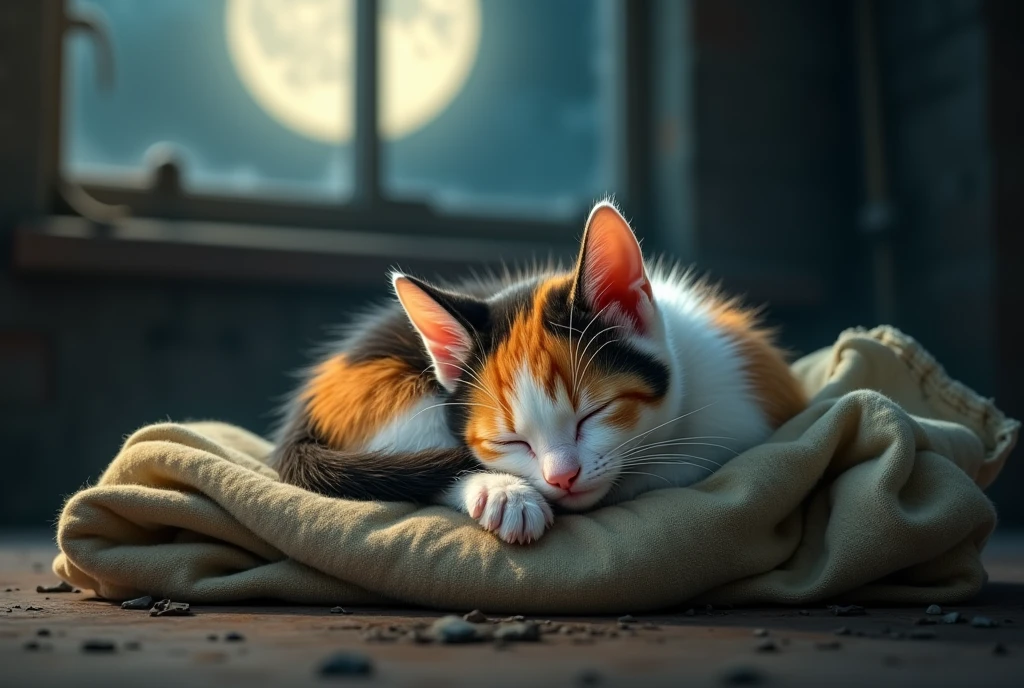 A baby calico cat sleeps curled up on a rag、Emotional scenes, A tear running down my cheek, Dreaming of a loving home. The factory is quiet, The soft moonlight shining through the window.