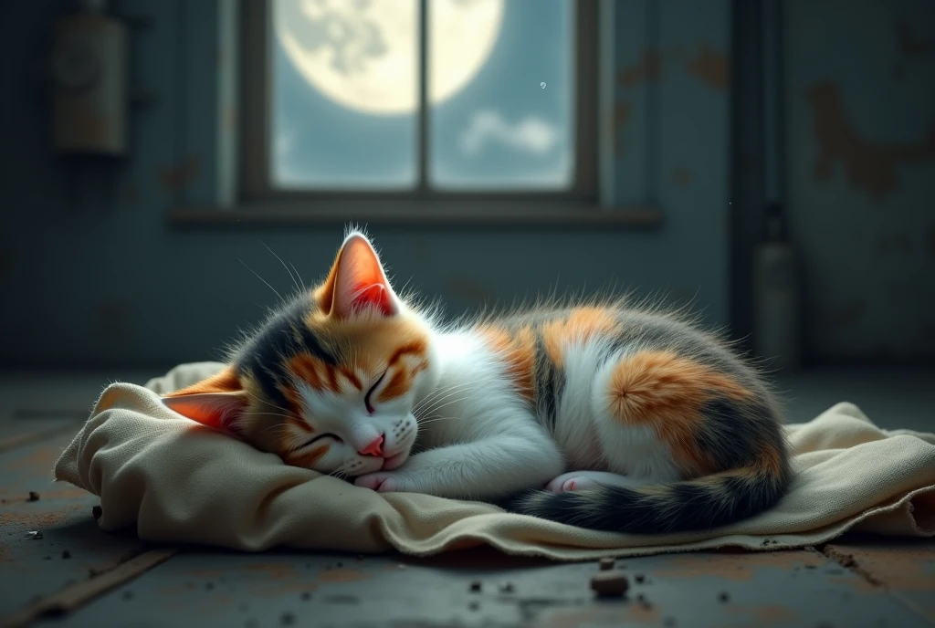 A baby calico cat sleeps curled up on a rag、Emotional scenes, A tear running down my cheek, Dreaming of a loving home. The factory is quiet, The soft moonlight shining through the window.