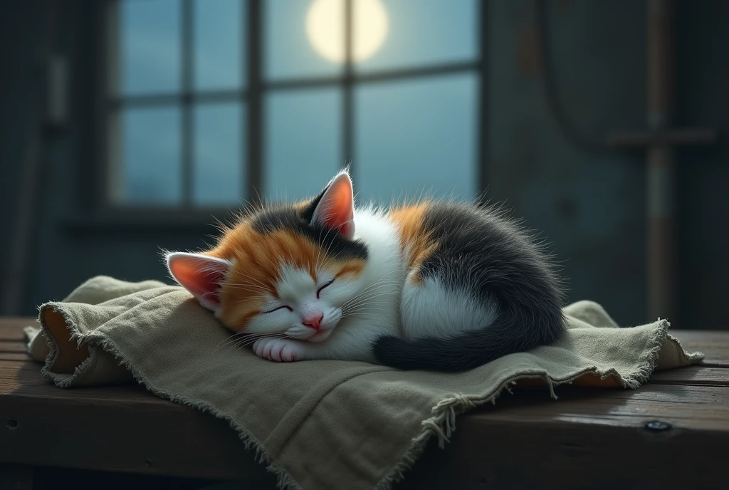 A baby calico cat sleeps curled up on a rag、Emotional scenes, A tear running down my cheek, Dreaming of a loving home. The factory is quiet, The soft moonlight shining through the window.