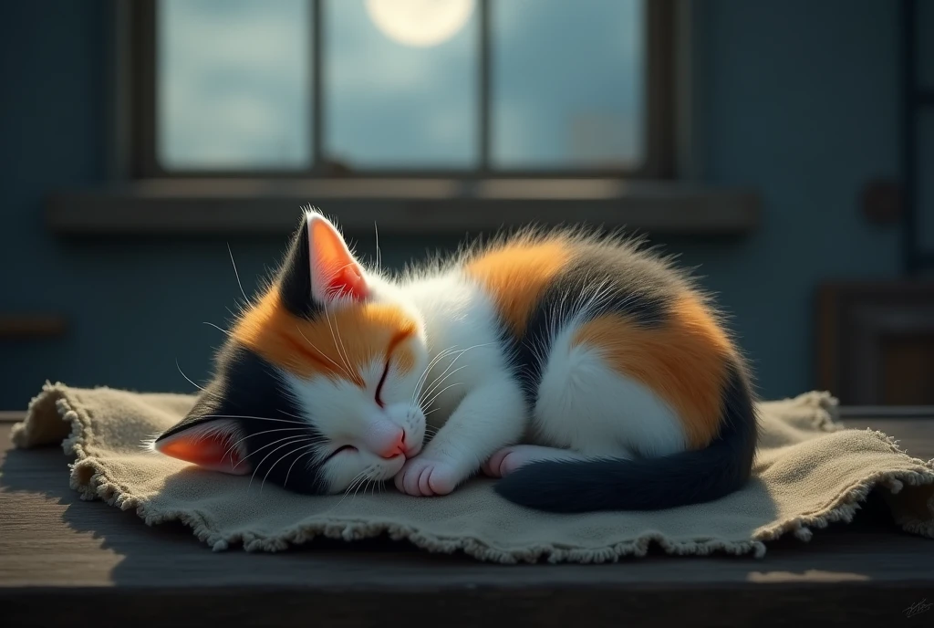 A calico cat sleeps curled up on a rag、Emotional scenes, A tear running down my cheek, Dreaming of a loving home. The factory is quiet, The soft moonlight shining through the window.