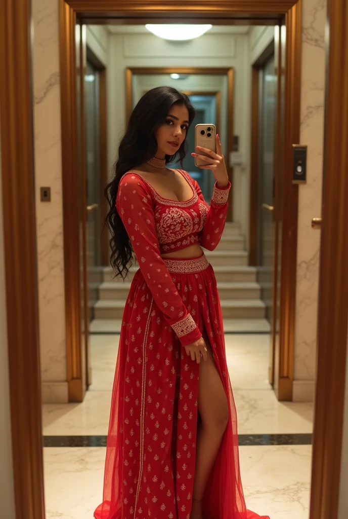 Create a mirror selfie of a sexy curvy woman wearing a traditional red Indian outfit with a white bandhani pattern. The outfit has a round neckline, long sleeves, and a high slit in the front. She is standing in front of an elevator with marble walls on the sides, and the mirror reflects her image. Her face is partially hidden by her phone as she takes the selfie. The image should include the staircase and marble flooring visible in the background, with the overall lighting being natural and warm.