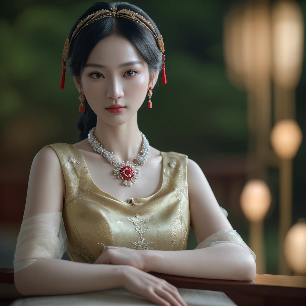 intricate detailed cheongsam dress, beautiful girl wearing traditional chinese headwear and necklace, exquisite jewelry, stunningly detailed face, (best quality,4k,8k,highres,masterpiece:1.2),ultra-detailed,(realistic,photorealistic,photo-realistic:1.37),dark studio setting, rim lighting, two-tone lighting, (high definition skin:1.2),8k uhd, dslr, soft lighting, high quality, volumetric lighting, candid, photography, high resolution, 4k, 8k, bokeh