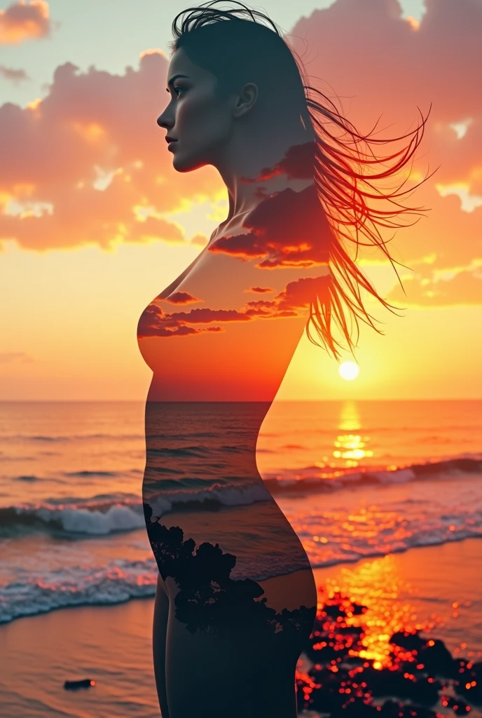 high quality、8K Ultra HD、女神のシルエットとサンセットコーストを組み合わせた美しいDouble Exposure、The Sunset Coast serves as a backdrop.、The details are captured by the Goddess、Crisp lines、The background is monochrome、Sharp focus、Double Exposure、By yukisakura、Amazing full color。Cinema style
