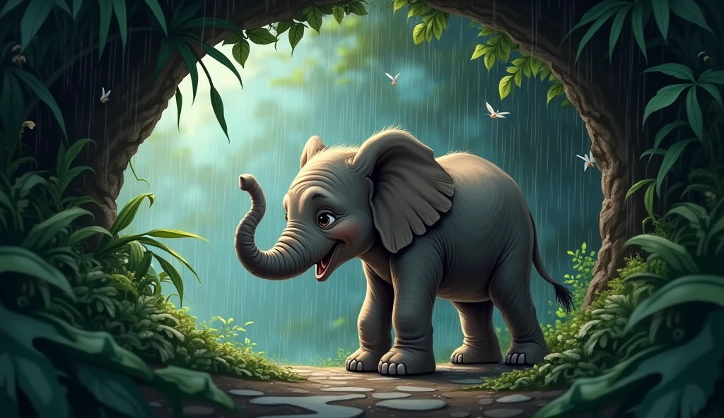 draw an baby elephant who is trying to fit in his cave but cannot fit in becouse of the small house in the jungle due to strom