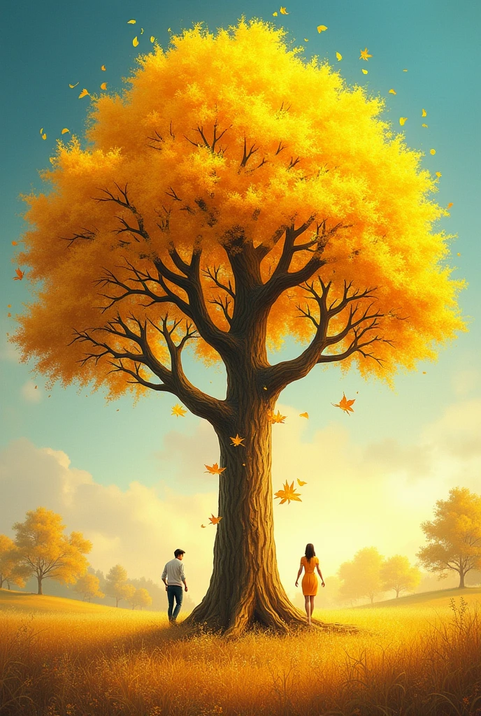 A big tree with yellow colour leaps and a couples name surya barsa

