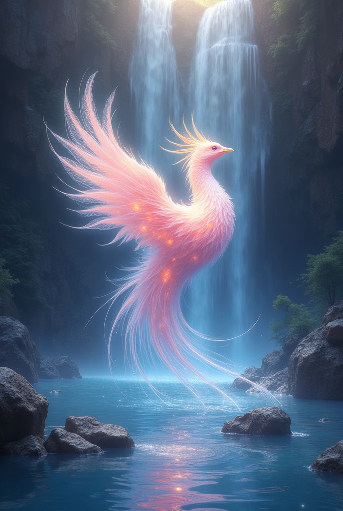 Glowing and transparent seven-color waterfall，A translucent phoenix with a feathered tail，Surrounded by continuous ripples，The painting is extremely delicate、Soft and smooth，Fiber optic material style，Abstract Design，Phantom，Lifelike，Black and white，Phantom background full body picture， ,