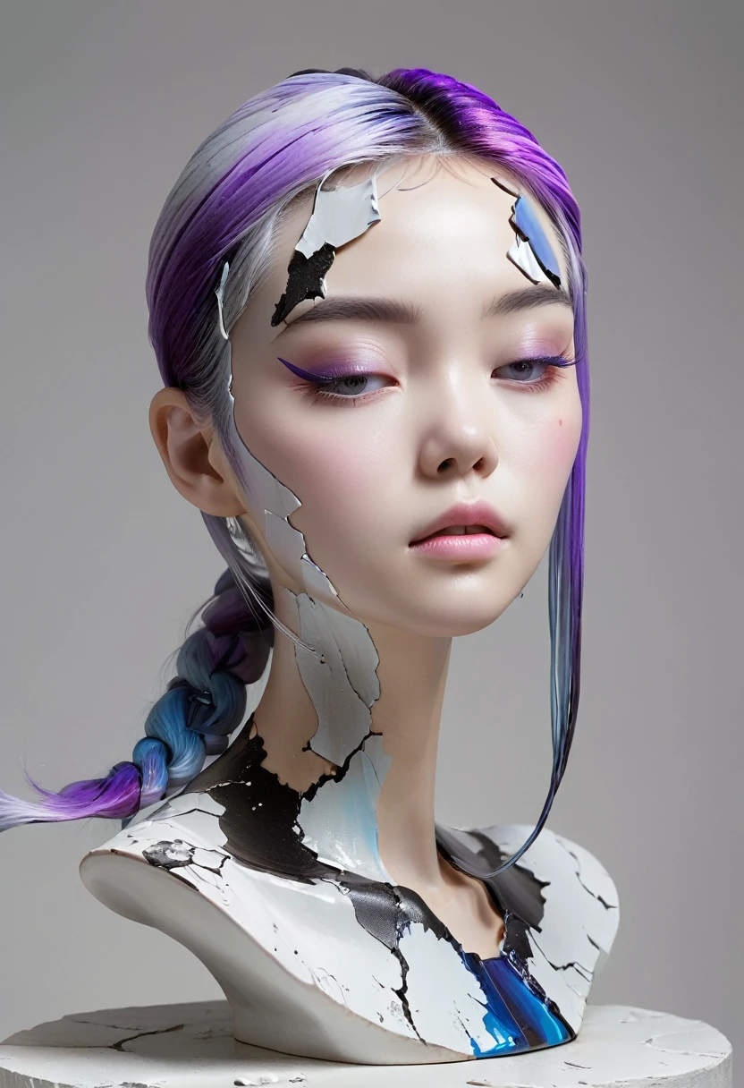 ((Showcase，Still Life Table，Artistic statues，3D sculpture，Ceramics，Surface cracks，Shattered Texture)), 1 person，alone，beautiful，Black and white metallic hair accessories，Blue-purple gradient hair tip，Purple Hair，Twin Blade, Grace，Thin neck，Communicating the beauty of nature.The creativity of Yun Shu：1.37.From Kane，Golden Powder， This artwork appears on a grey background，Emphasise the artistry.Ray Tracing, (Full Body Shot:1.4)
