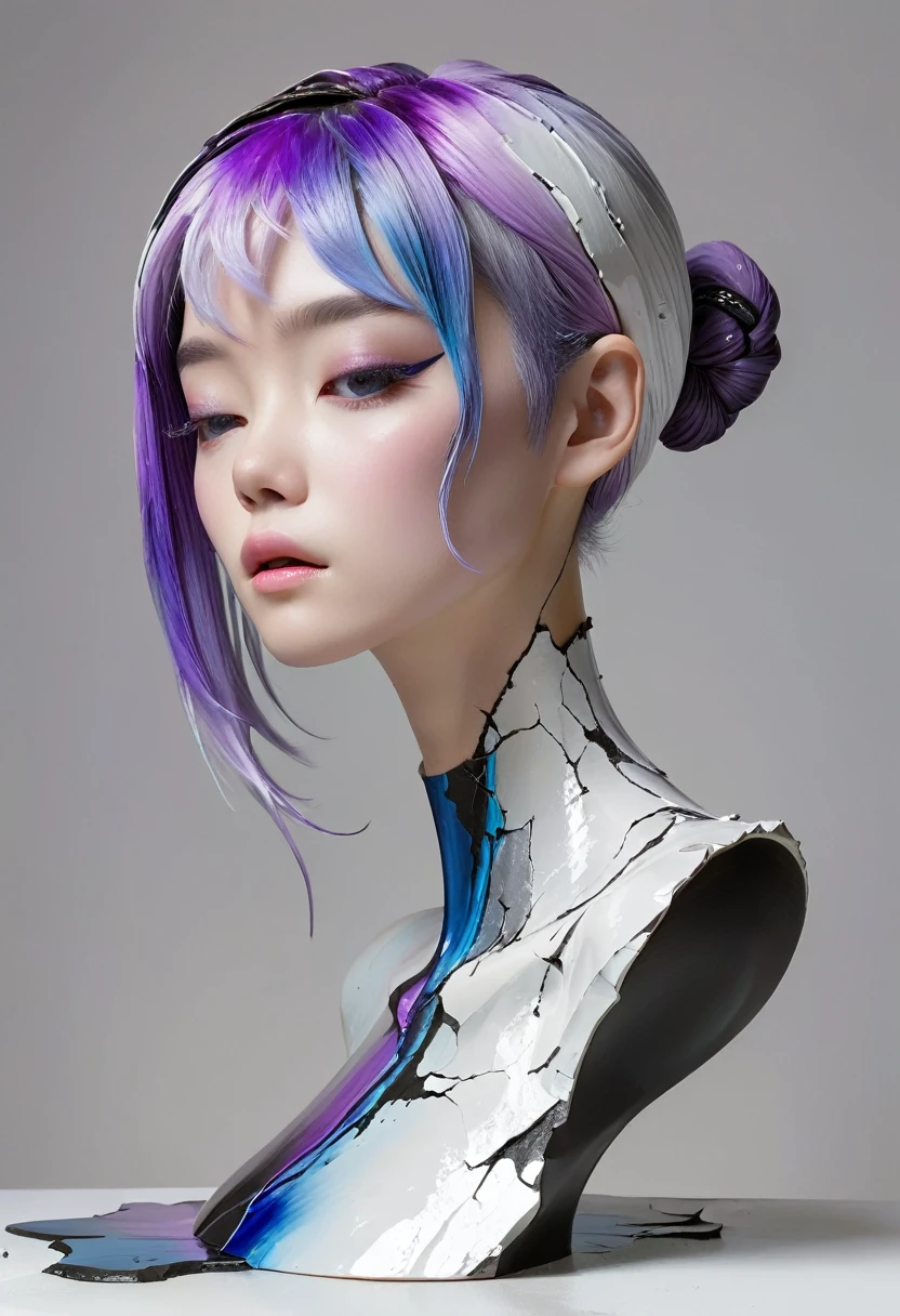 ((Showcase，Still Life Table，Artistic statues，3D sculpture，Ceramics，Surface cracks，Shattered Texture)), 1 person，alone，beautiful，Black and white metallic hair accessories，Blue-purple gradient hair tip，Purple Hair，Twin Blade, Grace，Thin neck，Communicating the beauty of nature.The creativity of Yun Shu：1.37.From Kane，Golden Powder， This artwork appears on a grey background，Emphasise the artistry.Ray Tracing, (Full Body Shot:1.4)
