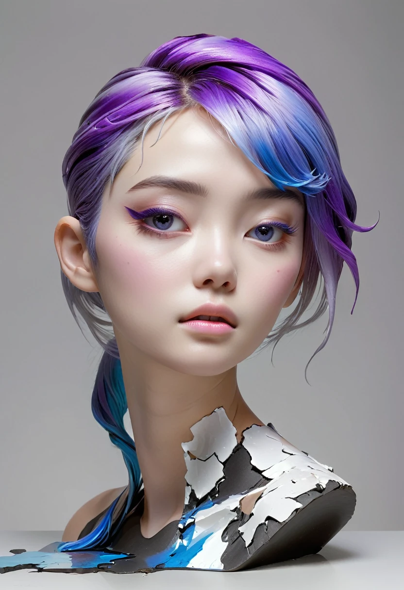 ((Showcase，Still Life Table，Artistic statues，3D sculpture，Ceramics，Surface cracks，Shattered Texture)), 1 person，alone，beautiful，Black and white metallic hair accessories，Blue-purple gradient hair tip，Purple Hair，Twin Blade, Grace，Thin neck，Communicating the beauty of nature.The creativity of Yun Shu：1.37.From Kane，Golden Powder， This artwork appears on a grey background，Emphasise the artistry.Ray Tracing, (Full Body Shot:1.4)
