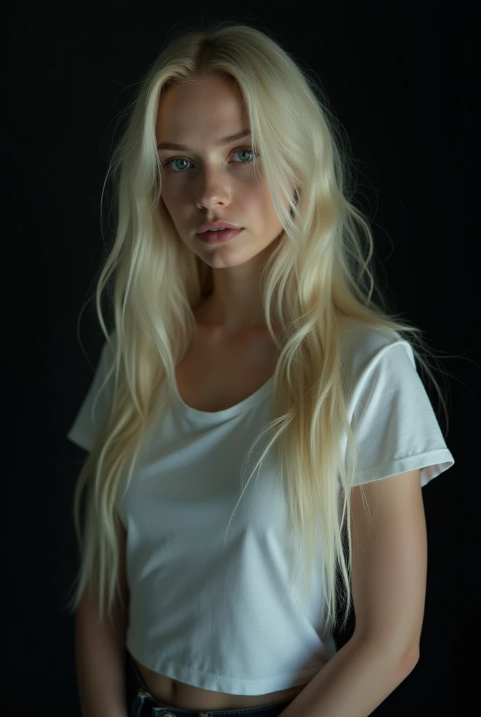 girl with long blonde hair, albino, lovely eyes, pale skin, flat chest,t-shirt, dark room, darkness, with a more elegant and sophisticated touch, something, which corresponds to her mysterious and strong personality. General, her appearance would be striking, attracting curious and intrigued glances, flat chested, cinematic lighting, chromatic aberration, Backlight, masterpiece, high detail, high quality, 4K.