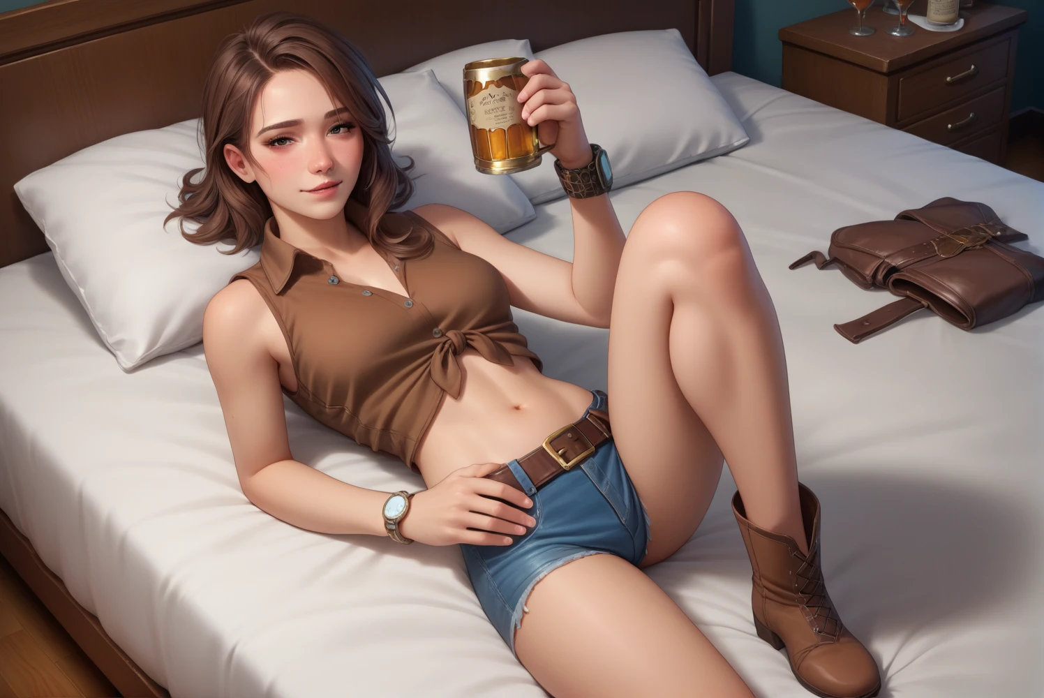 Sexy Cowgirl,Brown sleeveless collared cowgirl shirt,Denim hot pants,Western belt with holster,Western Boots,Watch on wrist,Navel exposed,Drunk,Hiccups,Above the knee shot,Lying in bed,Ultra-high resolution,eye open,16K