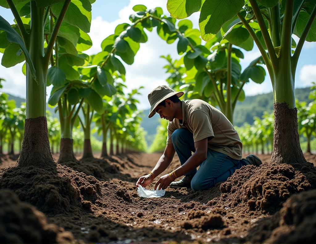 Applying pesticides to the roots of rubber trees