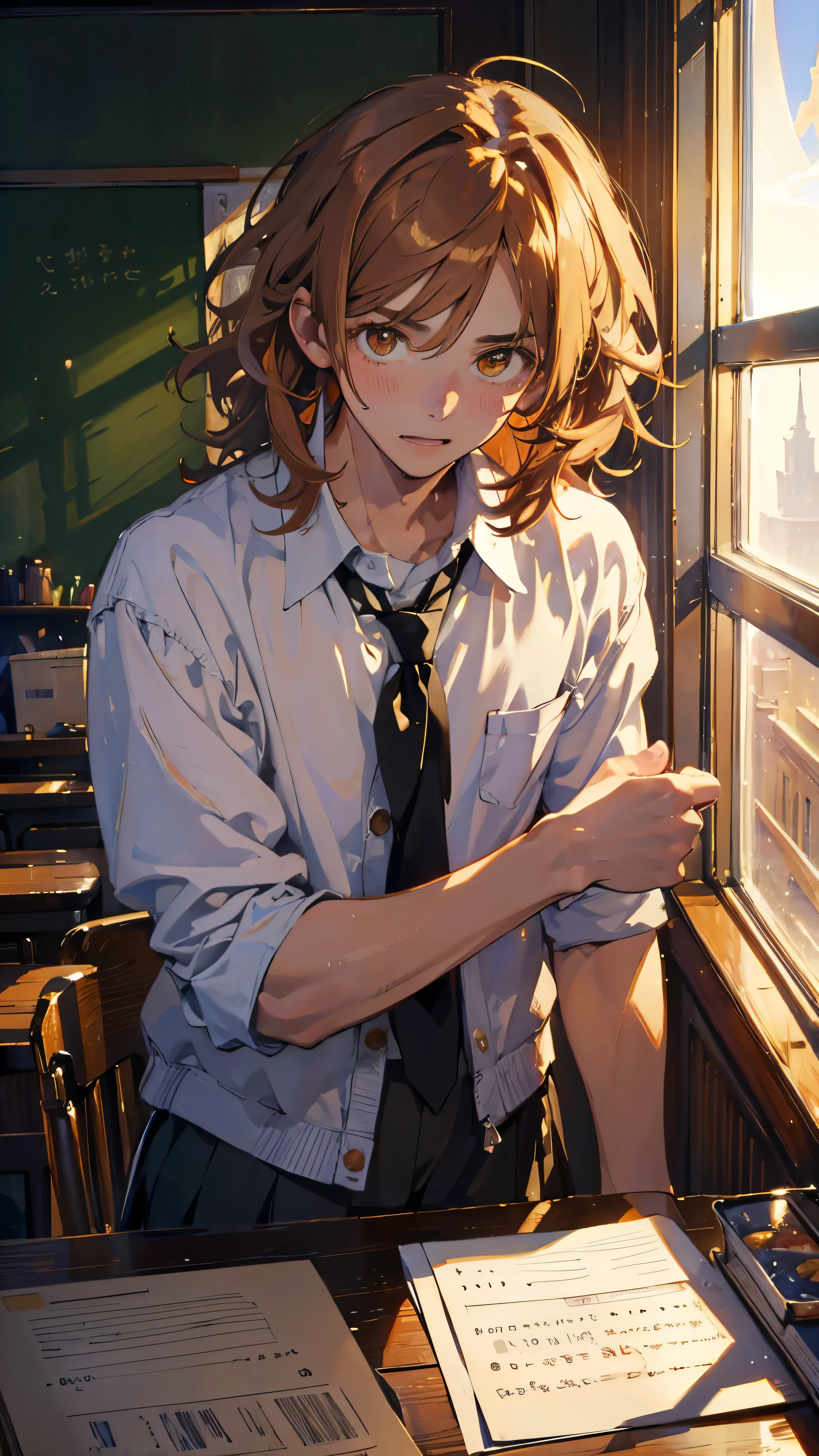 ((Highest quality)), (detailed), 1 person, Olive skin, Redhead, ショートヘア, Fluffy hair, Messy Hair, Big eyes, Brown eyes, そばかす, セーター, A tense look, male, school uniform, classroom, Surrealism, chiaroscuro, cinematic lighting, chiaroscuro, ((masterpiece)), UHD, best quality, highres, 16k, high details