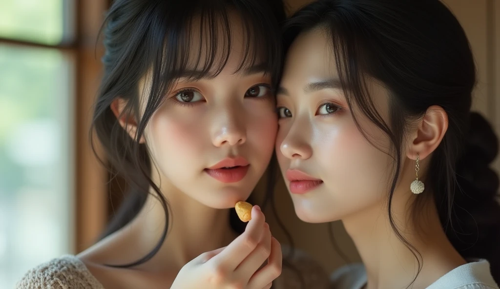 ((Highest quality, 8k, Tabletop:1.3, 2 girls, beautiful girl)), cute, dynamism, Detailed face, Detailed skin, Detailed eyes, Detailed lips, Detailed fingers, Mouth details, Detailed teeth, Detailed tongue, Round eyes, Tear bags, Realistic, RAW Photos, Natural light, Perfect Anatomy, High resolution, Sticking out tongue, ((White liquid on the tongue:1.3)), ((White liquid on a naked body:1.3)), Gold color background, chest, twin color hair, Sitting