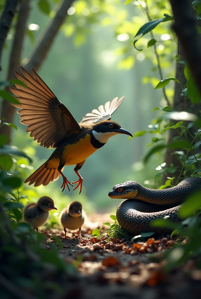 Warning Signs: A bird and her chicks are wandering in the forest in search of food when a large snake spots them. The bird's chicks are terrified, and the bird is trying to save them./