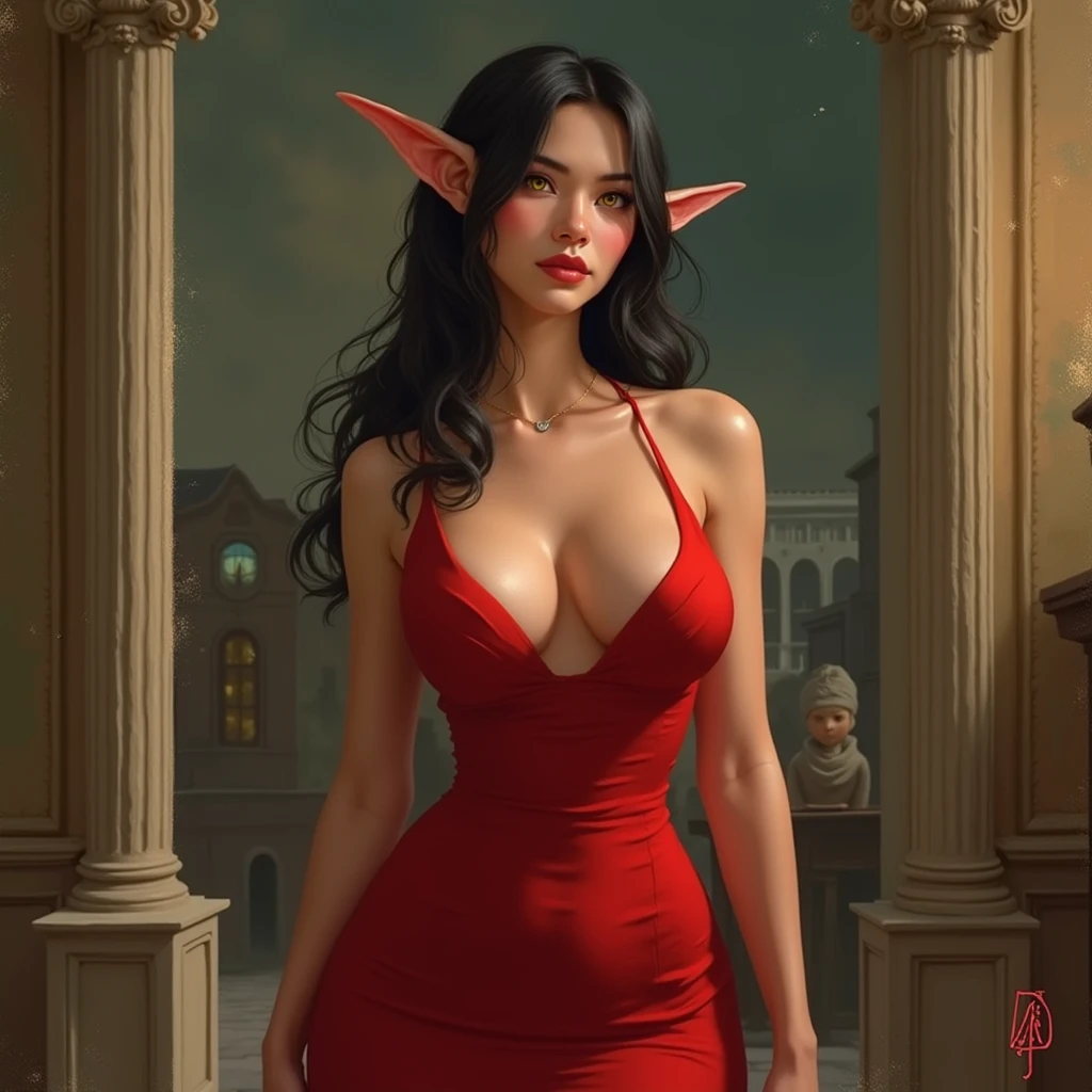 masterpiece, High resolution, Best Quality, Very detailed, Wallpaper, pictorial, Brushstrokes, pointy ears, yellow eyes, slit pupils, beautiful woman, big breasts, Red dress