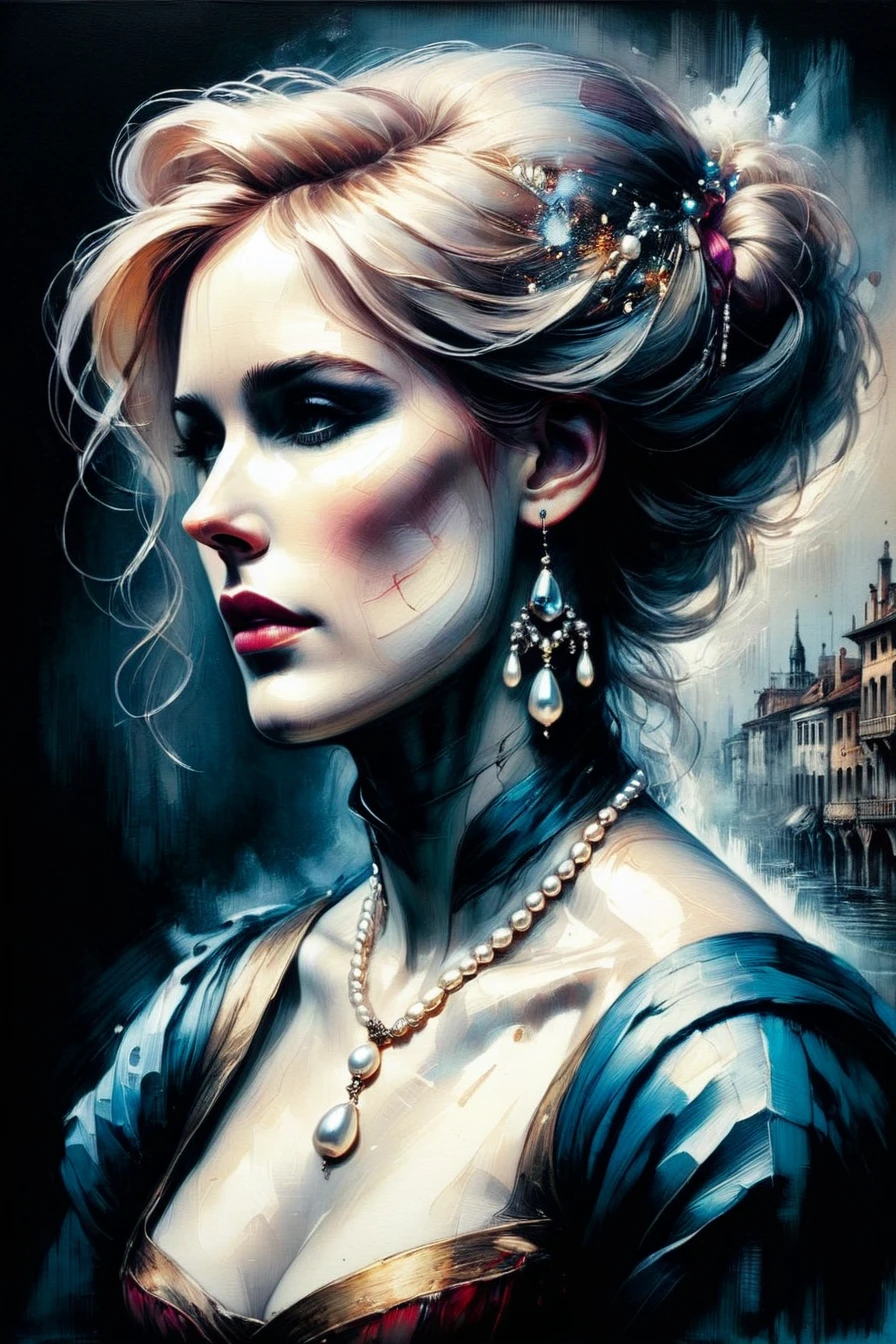 4D double exposure: portrait of the ((Invisible woman with double exposure destroyed city in her head)), On the background of chariots in renaissance costume, Oil Painting, 3/4 Profile view, gorgeous pearl necklace, Luxurious fabrics, detailed embroidery, Moody chiaroscuro lighting, hight resolution
