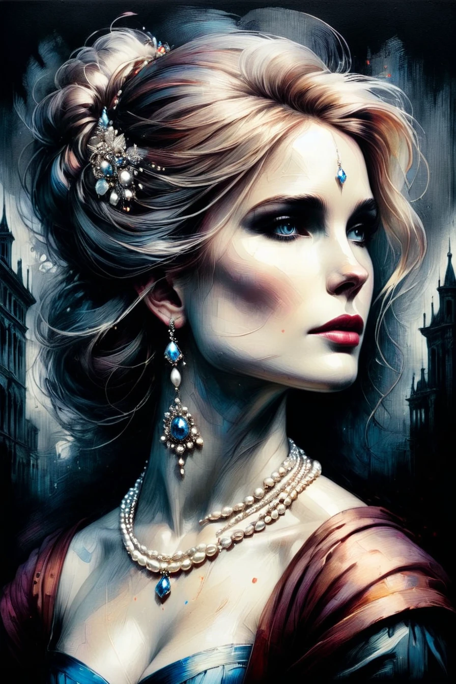 4D double exposure: portrait of the ((Invisible woman with double exposure destroyed city in her head)), On the background of chariots in renaissance costume, Oil Painting, 3/4 Profile view, gorgeous pearl necklace, Luxurious fabrics, detailed embroidery, Moody chiaroscuro lighting, hight resolution