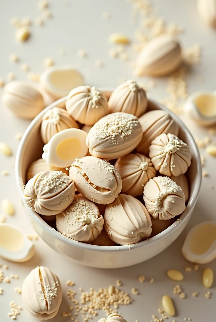 lots of macadamia nuts covered with lots of creamy vanilla powder, put in bowl, near angle. There are some macadamia nuts with shells.
