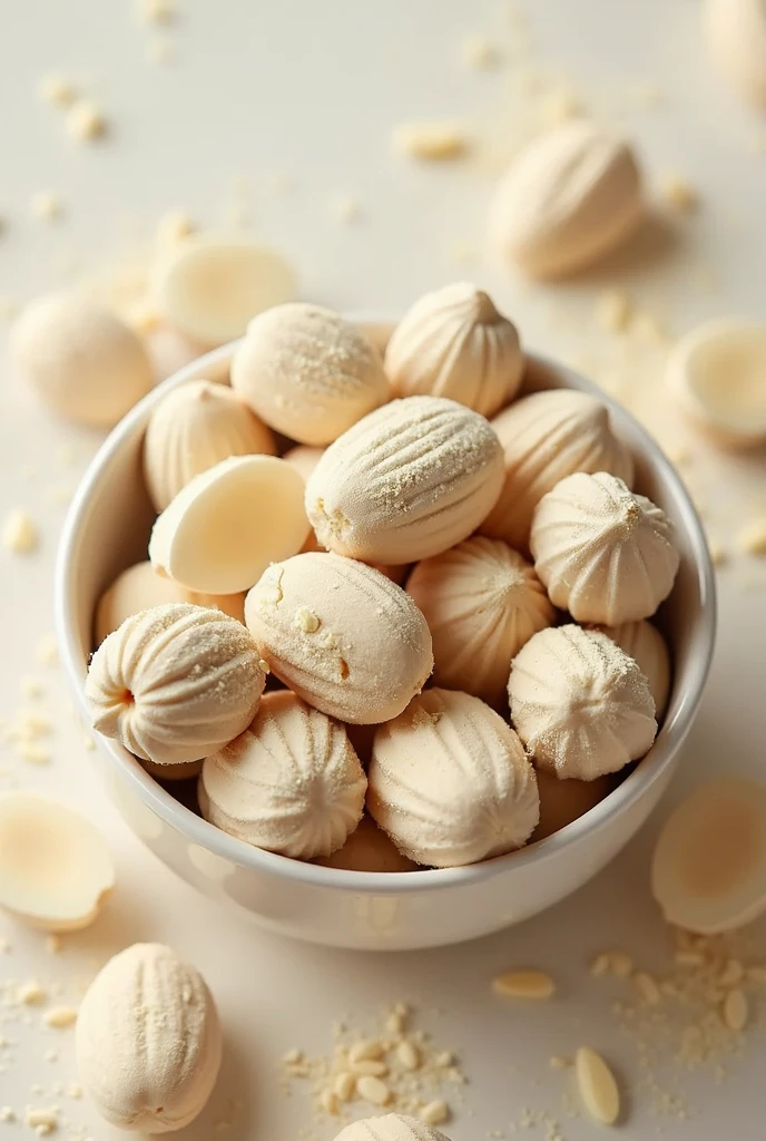lots of macadamia nuts covered with lots of creamy vanilla powder, put in bowl, near angle. There are some macadamia nuts with shells.