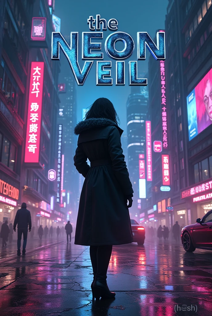 The Neon Veil showcases a futuristic cityscape at night. Neo-Arcadia’s skyline is alive with neon lights and holographic billboards, reflecting off the rain-slicked streets. Detective Riley Kane, in a dark trench coat, stands in the foreground, her silhouette outlined against the glowing city.

The title, The Neon Veil, appears in bold, metallic letters at the top, while the author’s name, by [HESH ], is displayed below. The design blends cyberpunk and noir elements, creating a mystical and intriguing atmosphere.this is a coverpage of a book. 