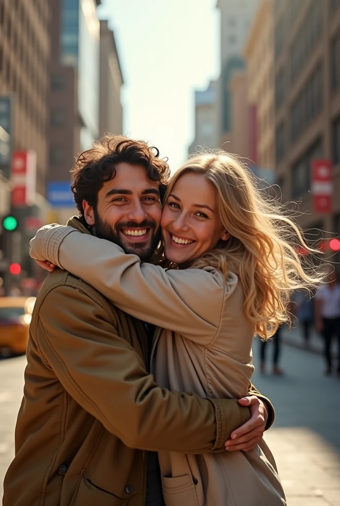 3 man with brown hair and eyes hugging his 3 blonde wife with green eyes long hair taking a selfie on the streets of NY in Summer 8k ultra realistic photorealistic