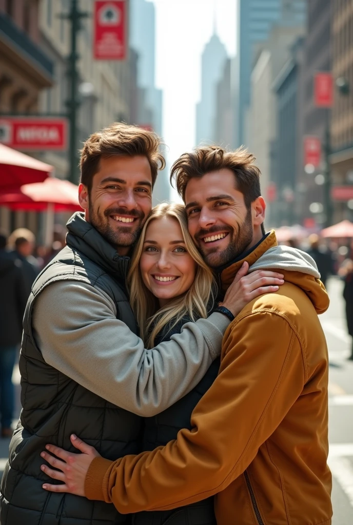 3 man with brown hair and eyes hugging his 3 blonde wife with green eyes long hair taking a selfie on the streets of NY in Summer 8k ultra realistic photorealistic