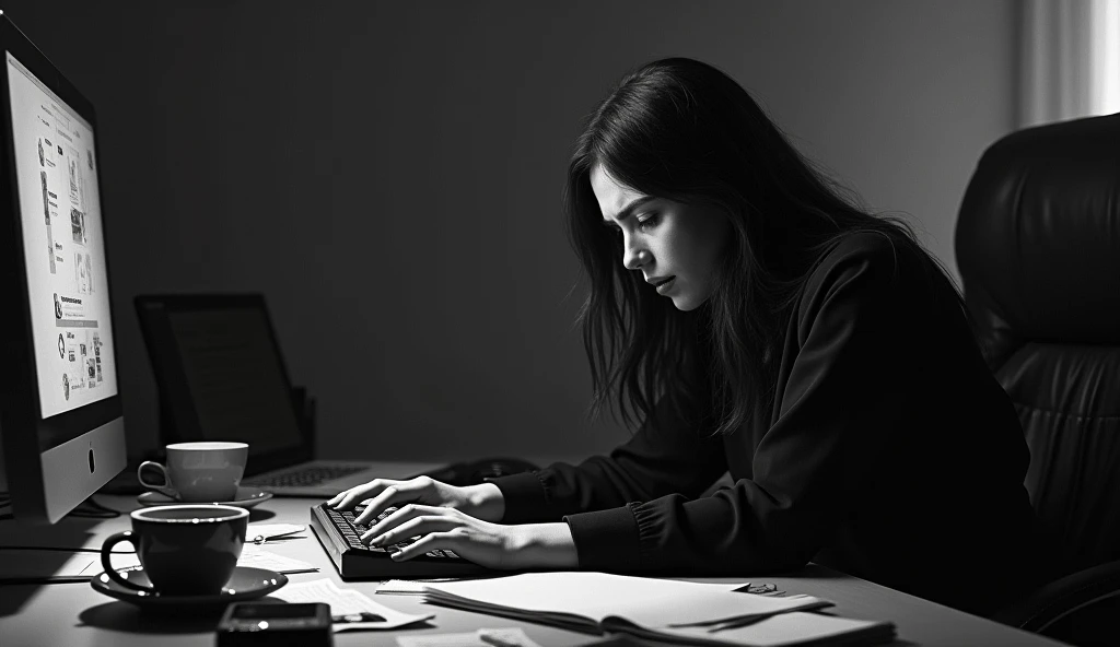 a woman dressed in black died indoors in front of her computer. in terrible conditions. black and white background