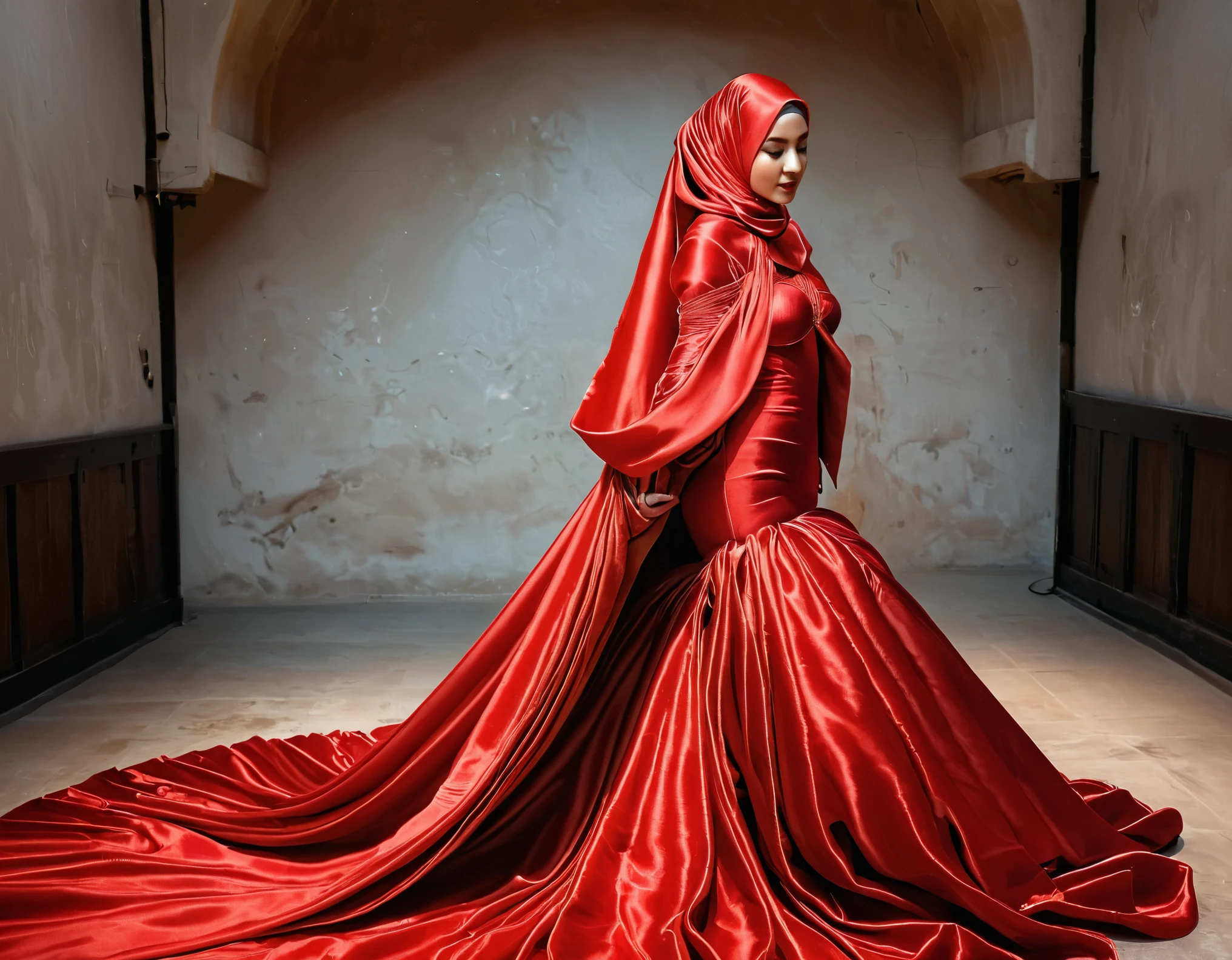 A woman shrouded in a 8-meter-long, plush red satin cloth, tightly bound and grandly draping along the form of her body, flowing off into a pooled floor-length train, styled in a mermaid-inspired outfit with very long train outfit, her head modestly veiled in a satin hijab, tall woman, standing in high place, a full-body pose conveying a sense of mysterious elegance, captured in a 4k resolution, ultra-realistic