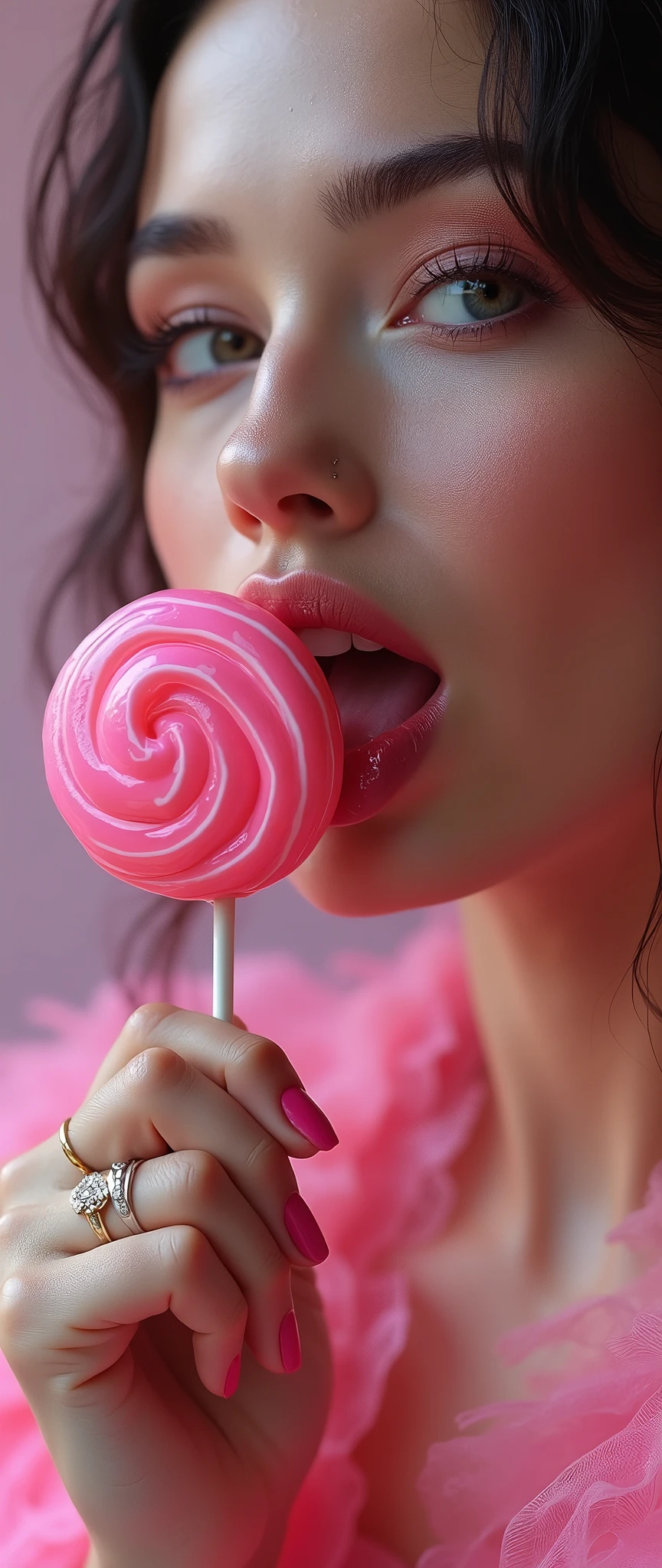 (masterpiece:1.2,Superior Quality,mirror-like,Cinematic Experience,Realistic:2.0,RAW Photos:2.0),8k,wallpaper,Beautiful and sensual female face,(Super sexyな顔:2.0),(Super sexy:2.0),(Super-functional:2.0),(dynamic:2.0),A woman licking a lollipop seductively2.0),(Stick out your tongue and lick:2.0),(pop:2.0),(progressive:2.0),(psychedelic:2.0),Vector art,(Flat Design:2.0),(Background is candy:2.0),(Detailed face:2.0)
