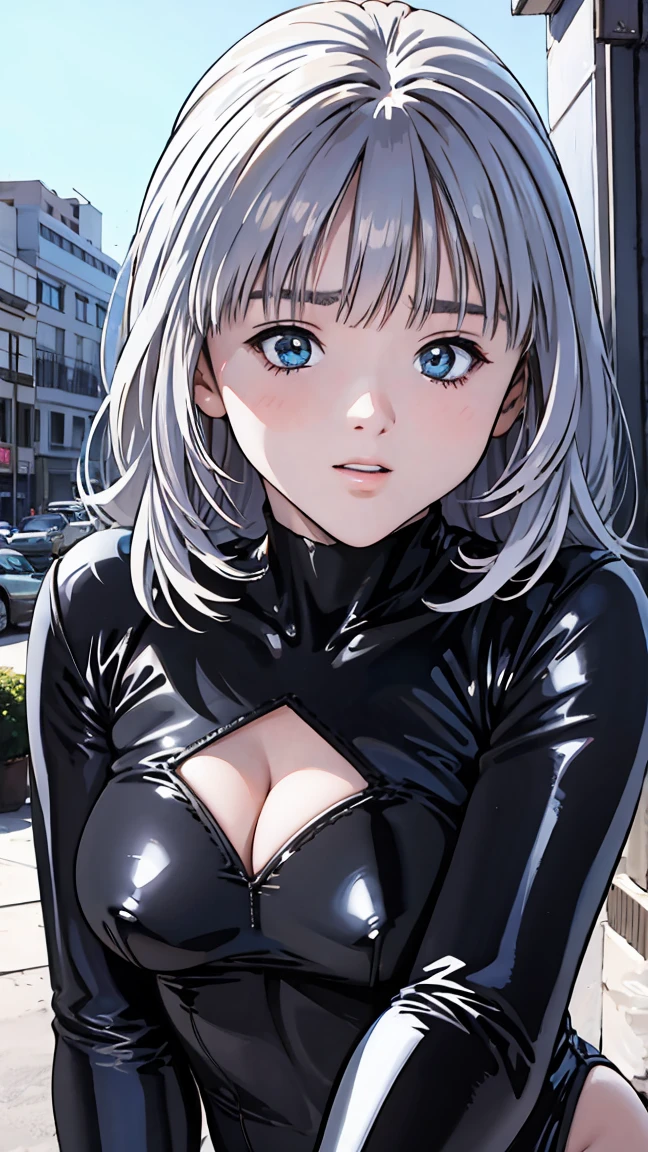 dynamic series of drawings showing a silver haired and blue eyed warrior girl., 8k, ultra high res, ultra detailed, hd,(well designed face), amazing face, (super detailed), beautiful eyes, soft lighting,, outdoors, streets,, URUSHISATO,1980s,, beautiful detailed eyes,mechanical parts, asymmetrical hair,thigh highs, latex suit,cleavage,