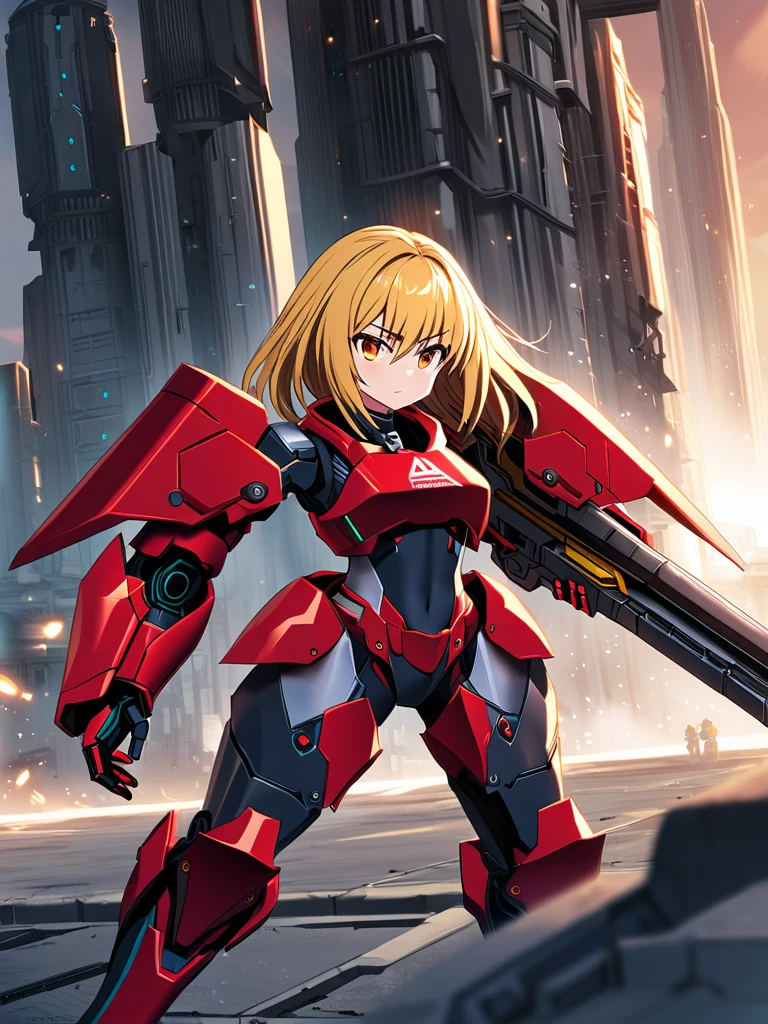 The image depicts a female anime character with long blonde hair and red armor, wielding a large weapon. She appears to be in a futuristic or sci-fi setting, surrounded by mechanical structures. Based on the character's appearance and the overall style, this could be considered a young, anime/manga genre character.