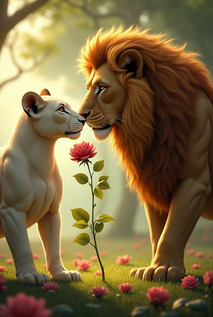 One lion is expressing love by giving a rose to another white lioness 