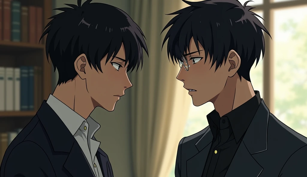 Two Japanese male university students in fashionable clothes are having a discussion at a distance from each other with gloomy expressions on their faces.,Excited, Photo of your face, In a stylish room, with a natural look, With a slightly tired look, tilt your face a little, Diagonal orientation, Average face