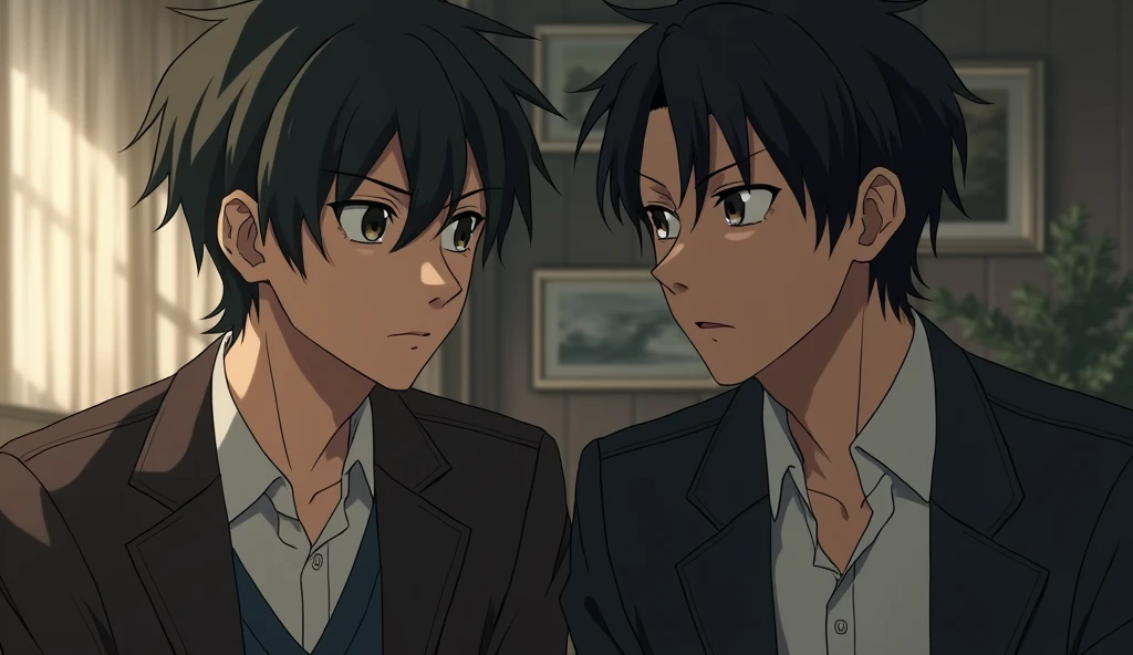 Two Japanese male university students in fashionable clothes are having a discussion at a distance from each other with gloomy expressions on their faces.,Excited, Photo of your face, In a stylish room, with a natural look, With a slightly tired look, tilt your face a little, Diagonal orientation, Average face
