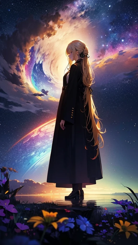 1people々々々々々,Blonde long hair woman,long coat, dress silhouette, Rear view,Space sky, Starry Sky,rainbow,Flower Field,Colorful flowers