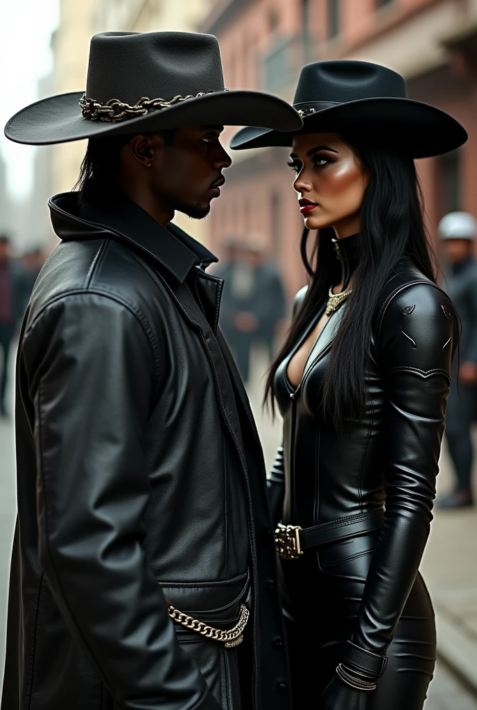 A black person with a cowboy hat and a Valkyrie with a black jacket and black pants with a chain