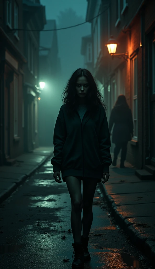 A dimly lit street with shadows stretching long. The central figure, a young woman walking alone, looks over her shoulder with a worried expression. In the background, a faint, shadowy figure lurks partially hidden, just out of focus.