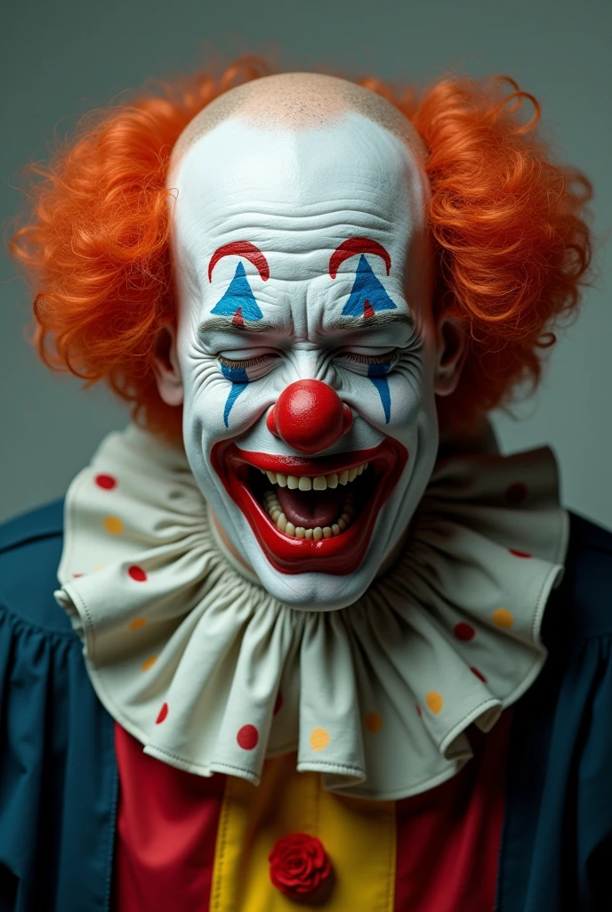 Bald judge dressed as a clown crying 


