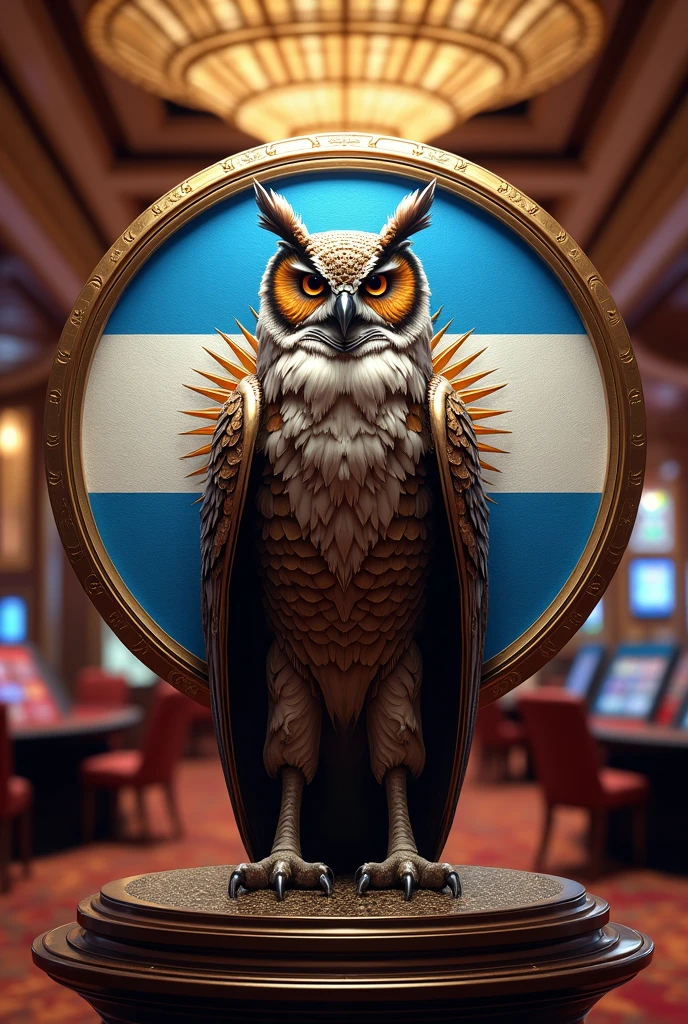 Owl man logo with argentine flag circular background 8k 4d in a casino