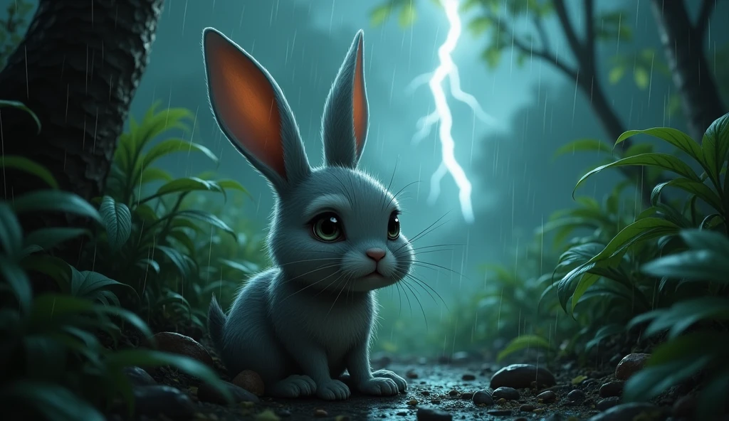 draw a sad rabbit in the jungle during the storm