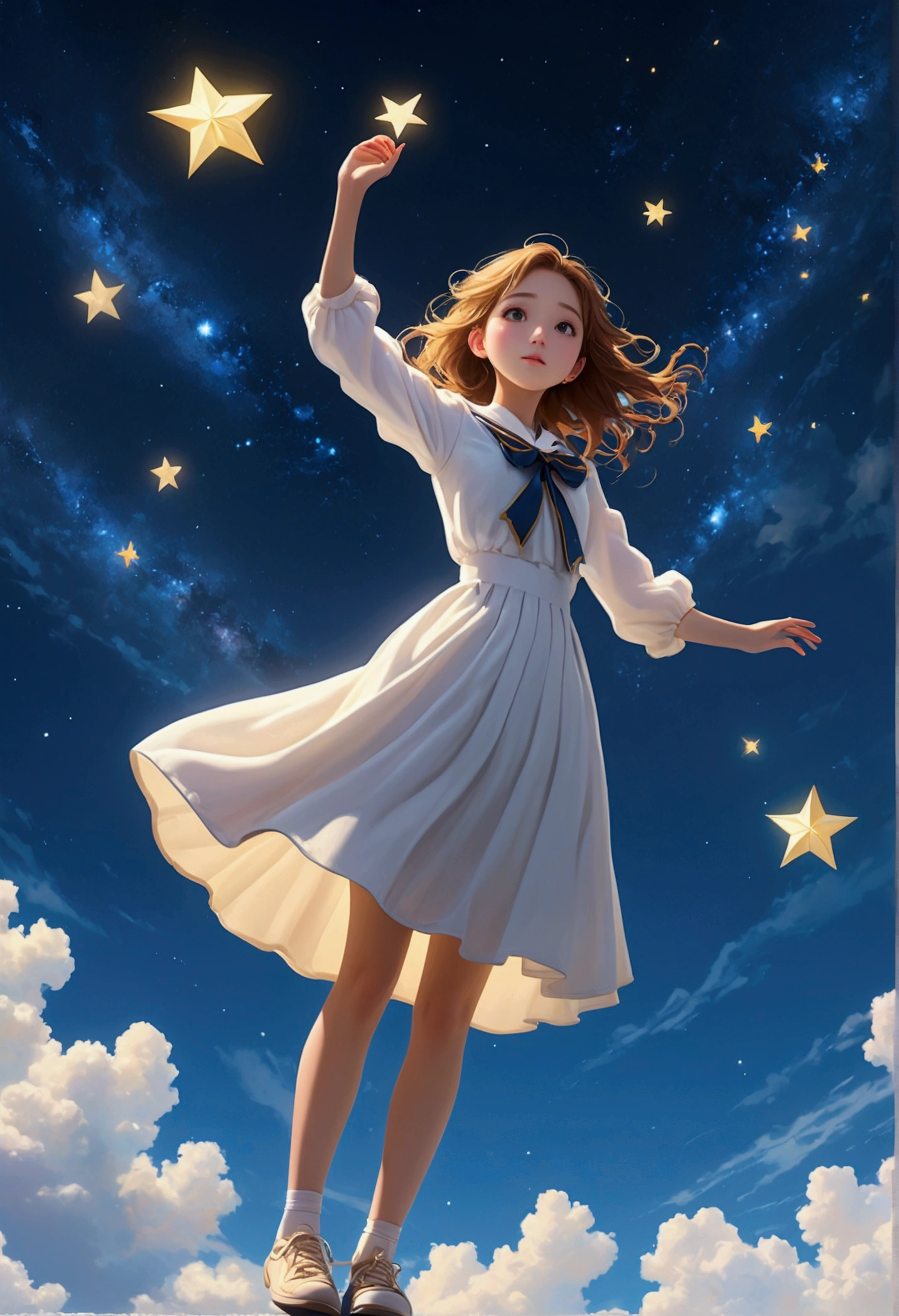 (masterpiece、Highest quality、High resolution、8k)、alone、High school girls、Standing posture、whole body、so beautiful、(floating in the sky like a star、floating、floating)、