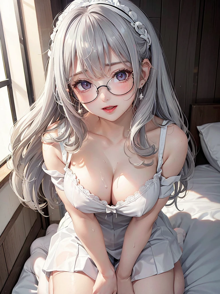 1Girl, Solo, Anime, Ideal body, (Cleavage, Small breast, Hard Nipple). Beautiful, Gorgeous, Fresh, Blunt Bangs, (White Grey Hair:1.5),(Straight and Wavy Long Hair:1.3), colorful, suit, formal shirt, formal dress, perfect laced bra, cream bra, black bra, casual skirt, camisol, cotton texture, laced, casual pants, Off-Shoulder, Oversize, Comfort, Loose shirt, Fabric Texture. (Seiza:1.3). Earrings, Thin Black Headband, Eye Glasses, Green Accessories, Environmental Details, Bed Room, Natural Light, Modern Bed, Chair, Window, White Curtain, City View. pov, anime style, UHD, retina, masterpiece, accurate, anatomically correct, textured skin. High Resolution, Looking at viewer, Blush, Best Quality, Award Winning, Accurate, Embarrassed, seductive smile, naught smile, horny, sweating, Naughty Face, Chin up, lips open, Gradient Eye Color, Sexy Pose. Top view shot, body bent to viewer ,front of camera, looking up to viewer, tongue out, open mouth. From Above, Close-Up, (sticky goo on breast), (white goo on body), (sweating). Milk, white milk on breast. Hand correct, arm correct. 2 hand, 2 arm.