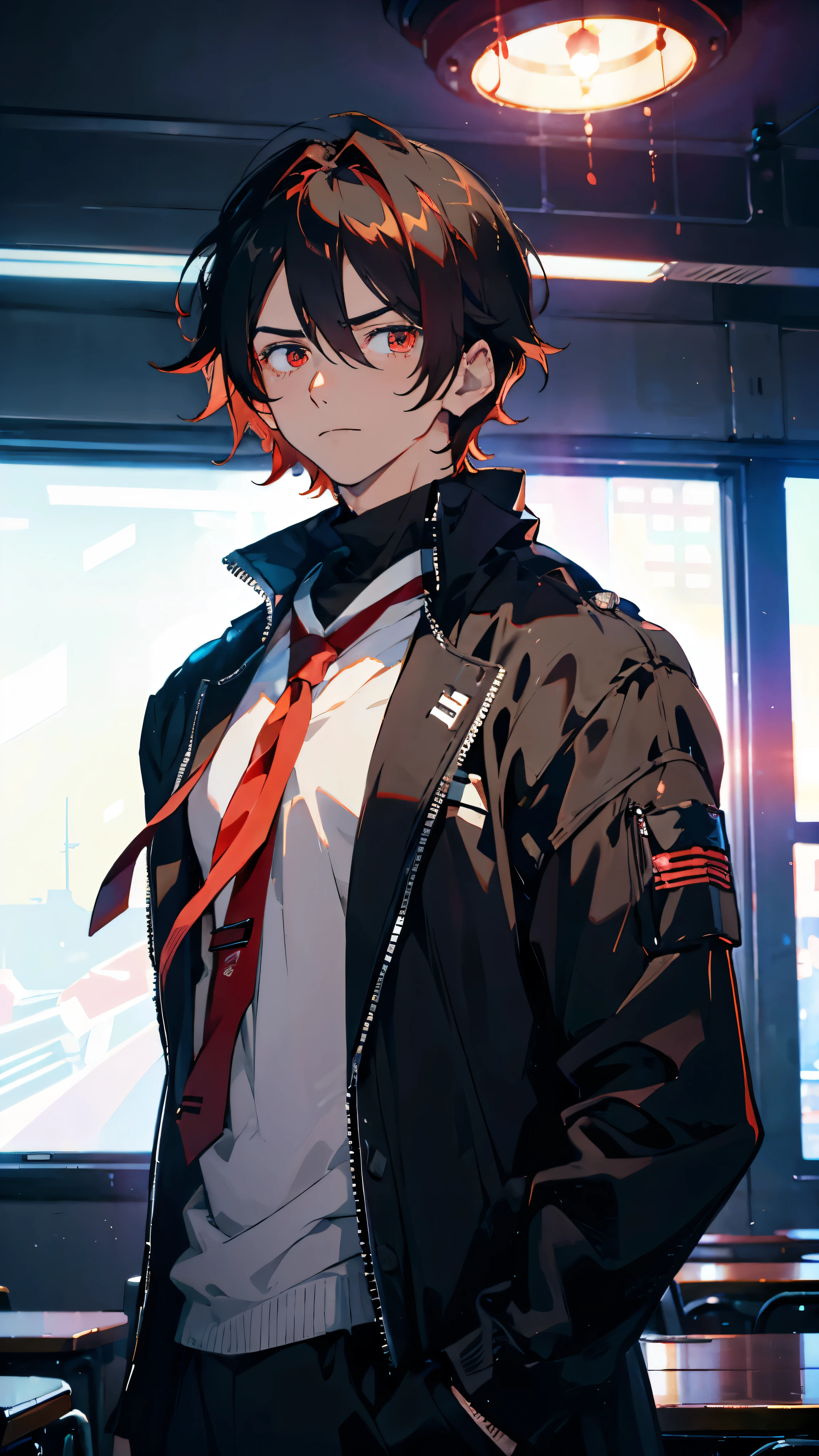 1 Male, cold, neutral, strict, Indifferent look, エレガント, strict, ノーブル, Calm colors, Realistic clothes, 20 years, Adult face, Sharp focus, マドゥロ, alone, Masculine, Cinema Lighting, masculine gender, male, school uniform, classroom, Short Hair, black hair, red hair, gradient hair, hollow eyes, tsurime