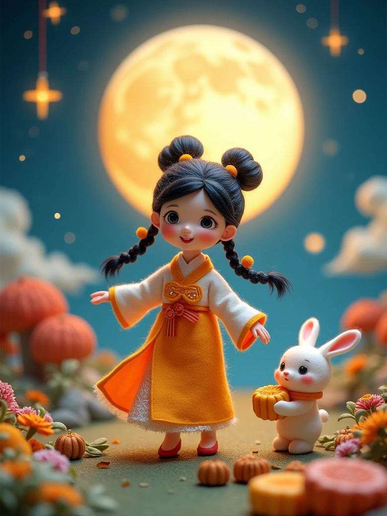 Microphotography,Felt style,1 girl wearing Hanfu,Felt clothing looks soft and warm in the moonlight,The moon is painted with"Mid-Autumn Festival",She stood under the bright moon,Dancing lightly,Surrounded by the tranquil night sky and hazy clouds,There are also shining stars,beside the girl is a huge round mooncake,Looks sweet and delicious,Side,A cute rabbit is holding another moon cake,colorful flowers and grass,the girl is enjoying the joy brought by the festival,the whole scene is full of life and fun,3D Photography,