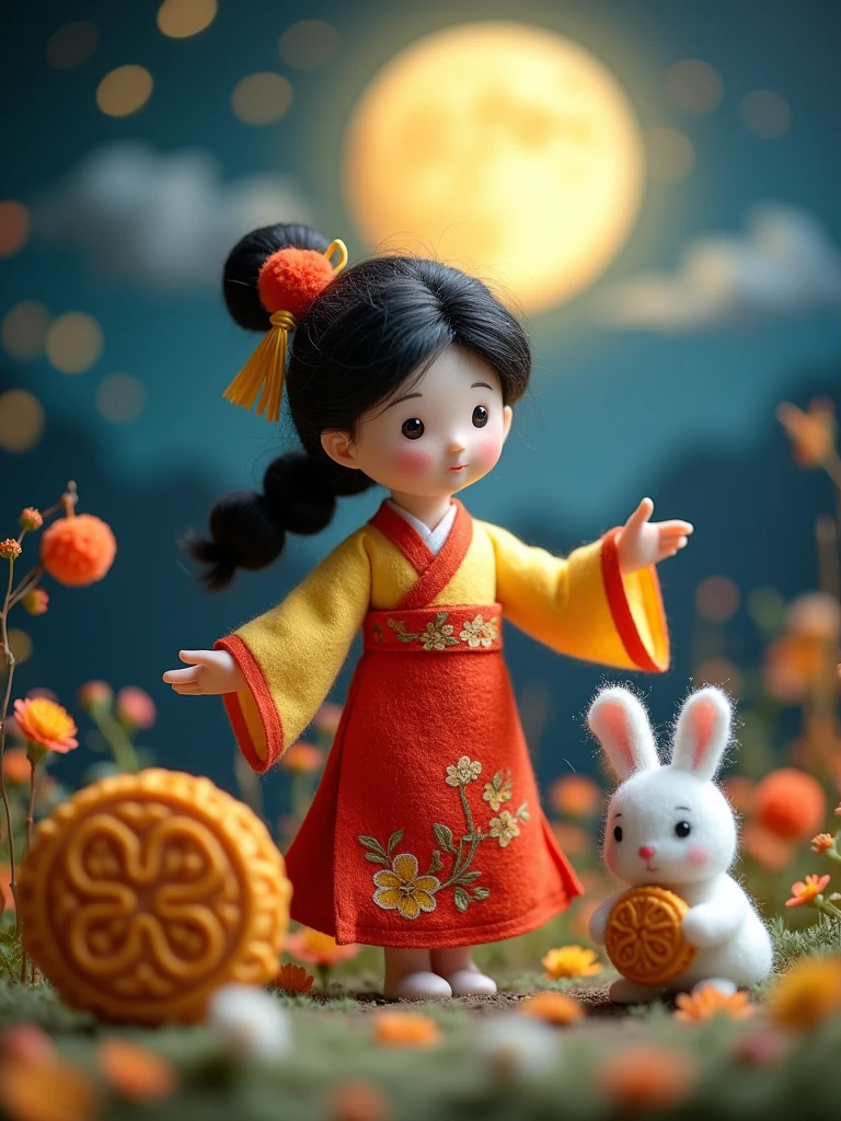 Microphotography,Felt style,1 girl wearing Hanfu,Felt clothing looks soft and warm in the moonlight,The moon is painted with"Mid-Autumn Festival",She stood under the bright moon,Dancing lightly,Surrounded by the tranquil night sky and hazy clouds,There are also shining stars,beside the girl is a huge round mooncake,Looks sweet and delicious,Side,A cute rabbit is holding another moon cake,colorful flowers and grass,the girl is enjoying the joy brought by the festival,the whole scene is full of life and fun,3D Photography,