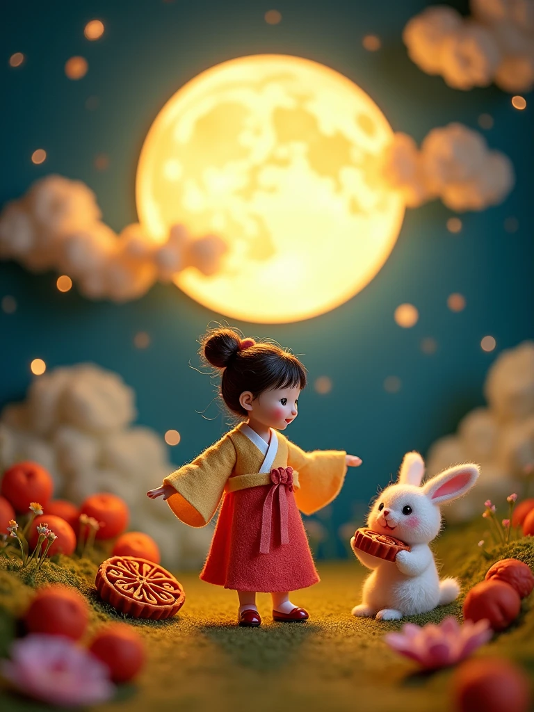 Microphotography,Felt style,1 girl wearing Hanfu,Felt clothing looks soft and warm in the moonlight,The moon is painted with"Mid-Autumn Festival",She stood under the bright moon,Dancing lightly,Surrounded by the tranquil night sky and hazy clouds,There are also shining stars,beside the girl is a huge round mooncake,Looks sweet and delicious,Side,A cute rabbit is holding another moon cake,colorful flowers and grass,the girl is enjoying the joy brought by the festival,the whole scene is full of life and fun,3D Photography,