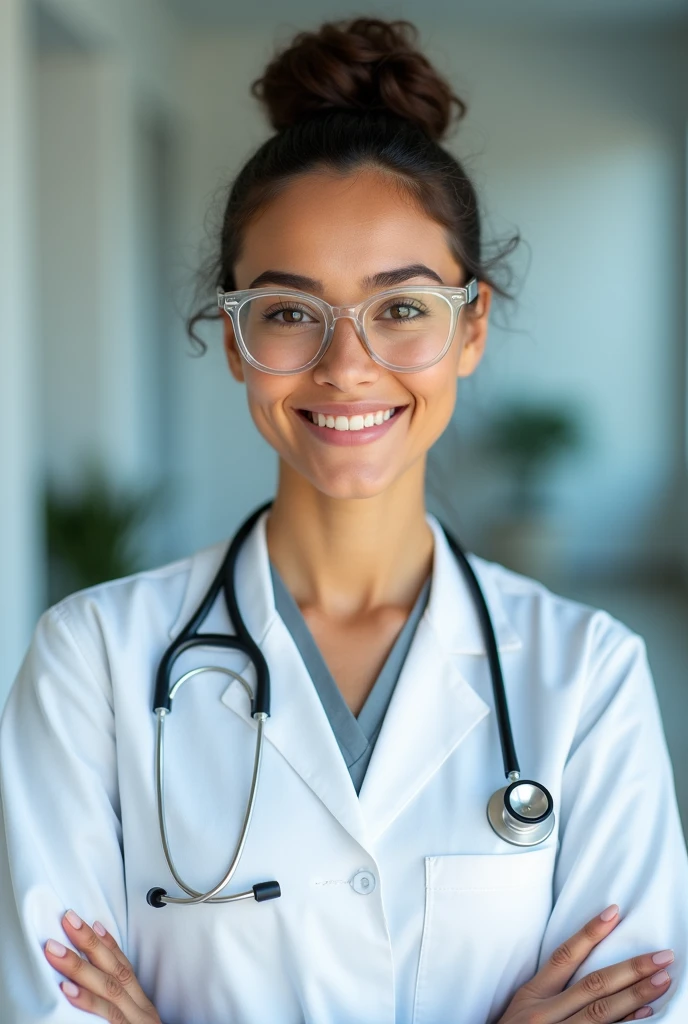 Beautiful 30 year old doctor with transparent glasses white apron having stethoscope and clinic background in front facing in 9:16 image