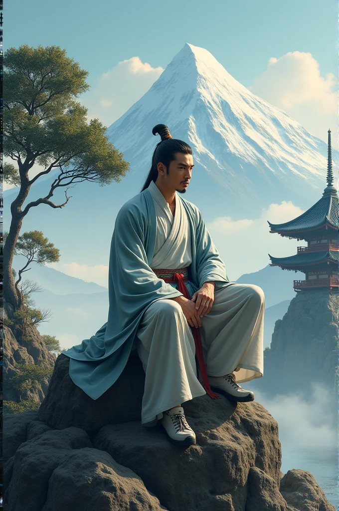 A Chinese man who is handsome,sitting on a rock,behind him in the ditance is a mountain with some ice on top,and a tree on lest side and a Japanese type temple roof on right side at back